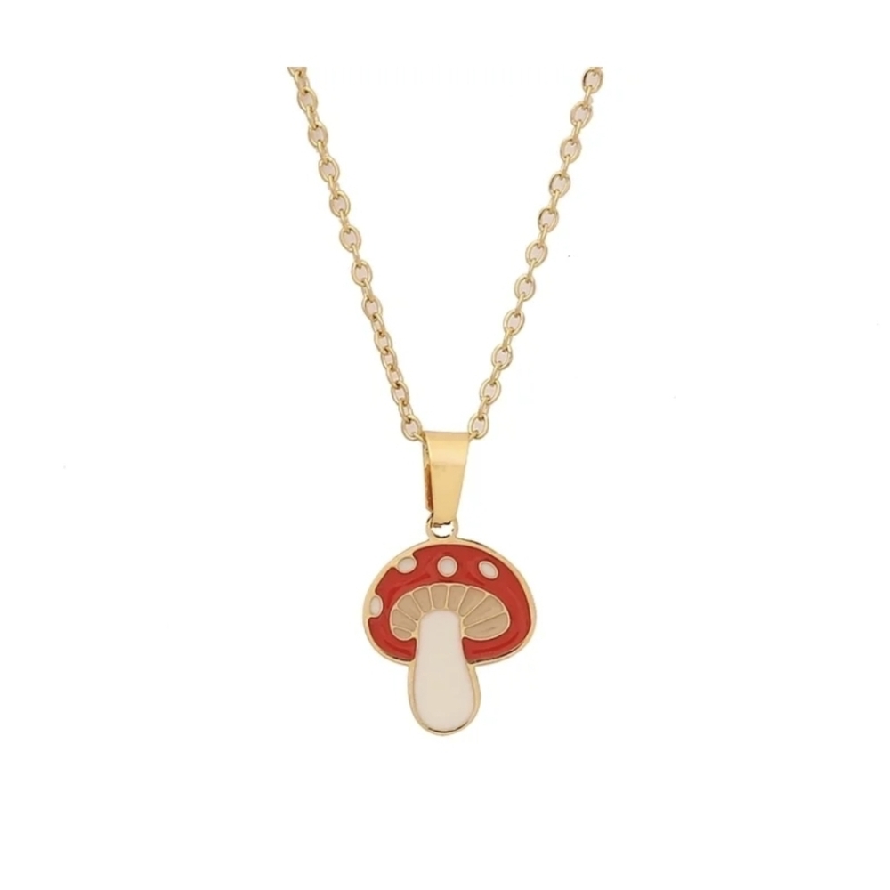 Gold & Red Mushroom Pendant Necklace